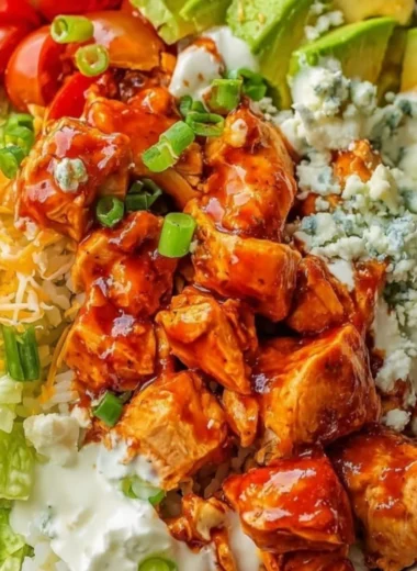 Delicious Buffalo chicken bowls with fresh toppings and vibrant colors.