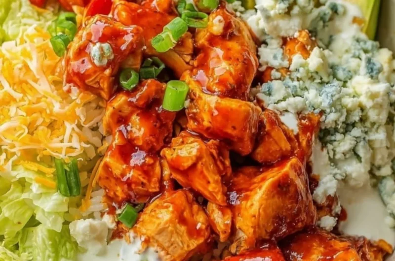 Delicious Buffalo chicken bowls with fresh toppings and vibrant colors.