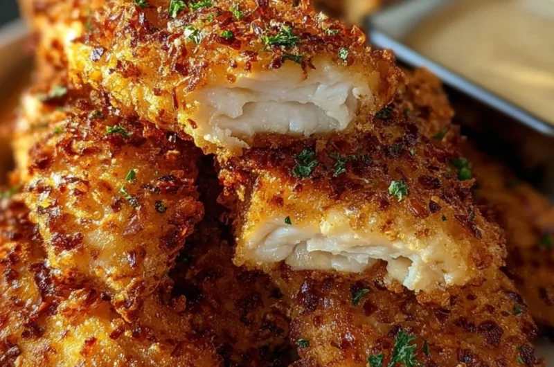 Plate of crispy Crack Chicken Tenders garnished with herbs.