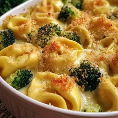 Creamy Cheesy Broccoli Tortellini Bake topped with cheese and broccoli
