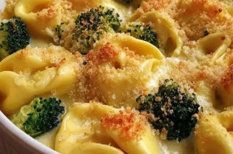 Creamy Cheesy Broccoli Tortellini Bake topped with cheese and broccoli
