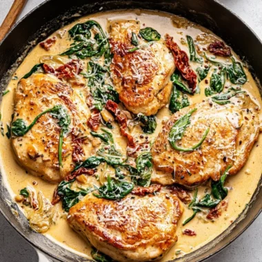 Creamy Tuscan chicken served with spinach and sun-dried tomatoes on a plate