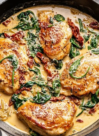Creamy Tuscan chicken served with spinach and sun-dried tomatoes on a plate
