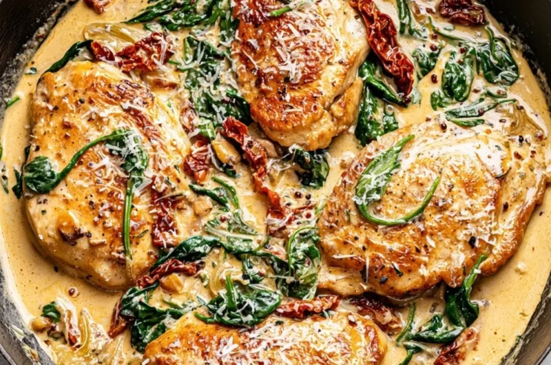 Creamy Tuscan chicken served with spinach and sun-dried tomatoes on a plate