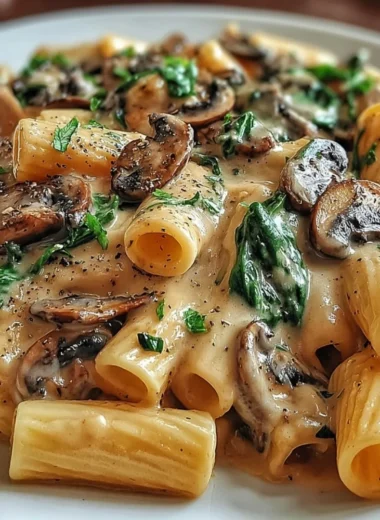 Creamy Tuscan Mushroom Pasta in a skillet with fresh herbs and cheese