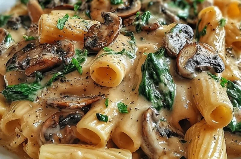 Creamy Tuscan Mushroom Pasta in a skillet with fresh herbs and cheese