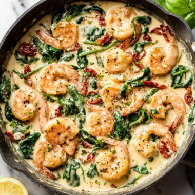Creamy Tuscan shrimp dish with vibrant ingredients