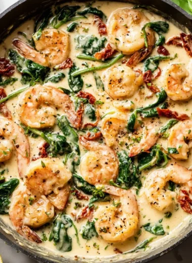 Creamy Tuscan shrimp dish with vibrant ingredients