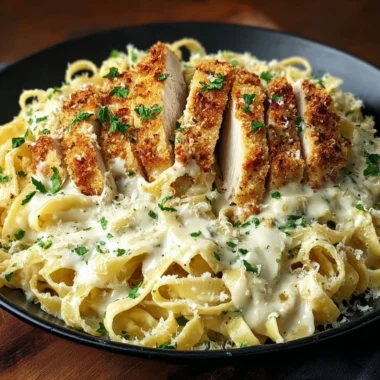 Delicious crispy chicken fettuccine Alfredo served with parmesan cheese.