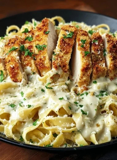 Delicious crispy chicken fettuccine Alfredo served with parmesan cheese.