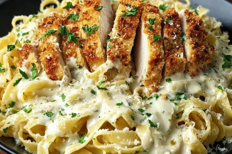 Delicious crispy chicken fettuccine Alfredo served with parmesan cheese.