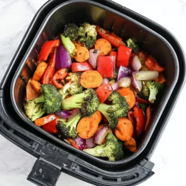 Bowl of colorful air fryer roasted vegetables, ready to serve as a healthy side dish.
