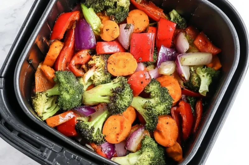 Bowl of colorful air fryer roasted vegetables, ready to serve as a healthy side dish.
