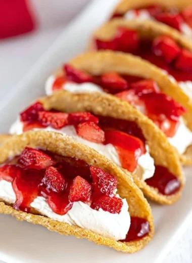 Delicious easy cheesecake tacos served on a plate with toppings