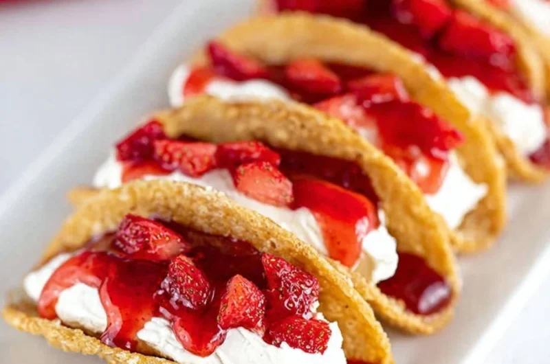 Delicious easy cheesecake tacos served on a plate with toppings