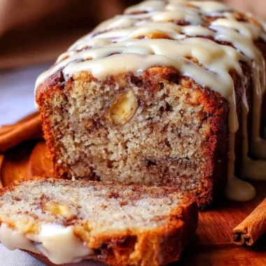 Delicious easy cinnamon roll banana bread fresh out of the oven