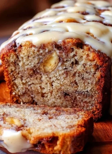 Delicious easy cinnamon roll banana bread fresh out of the oven