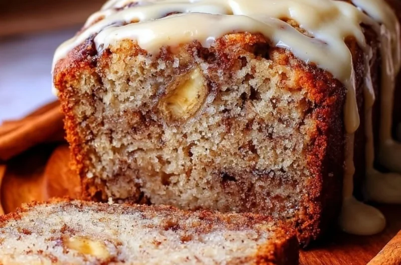 Delicious easy cinnamon roll banana bread fresh out of the oven