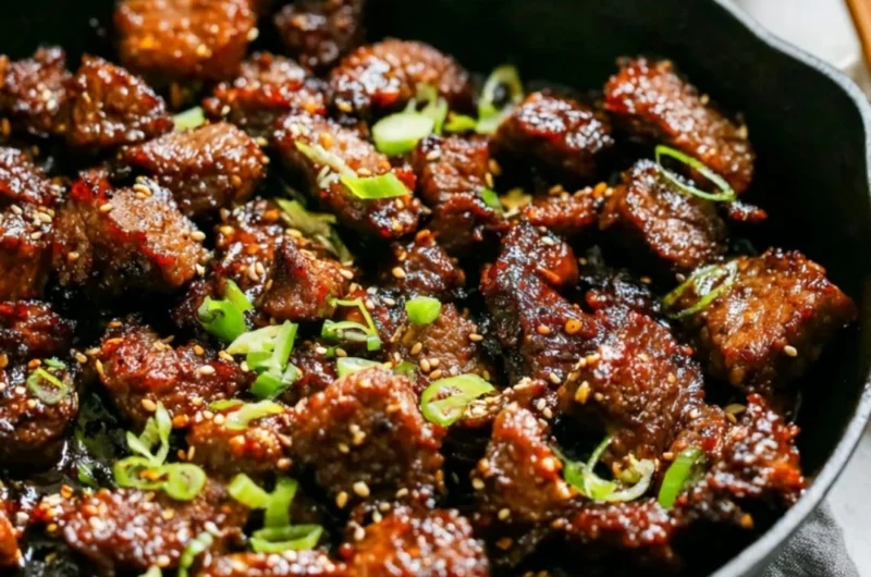 Delicious easy Korean steak bites served with garnishes