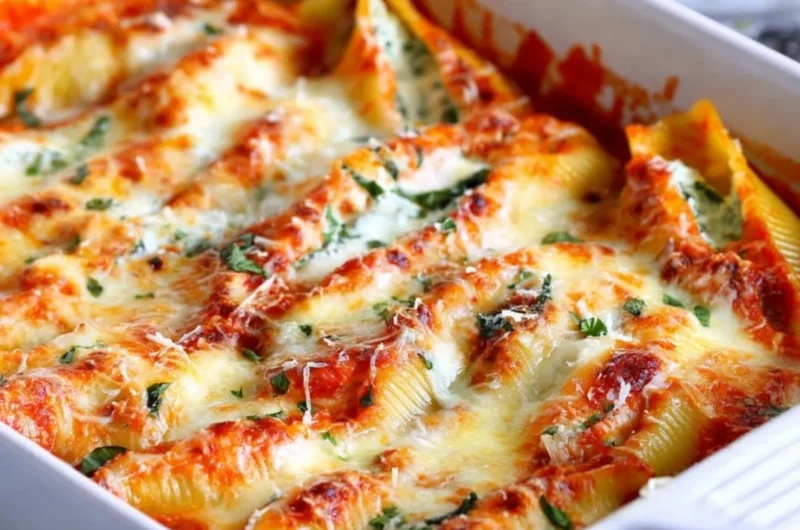 Delicious easy stuffed shells filled with ricotta cheese and marinara sauce.