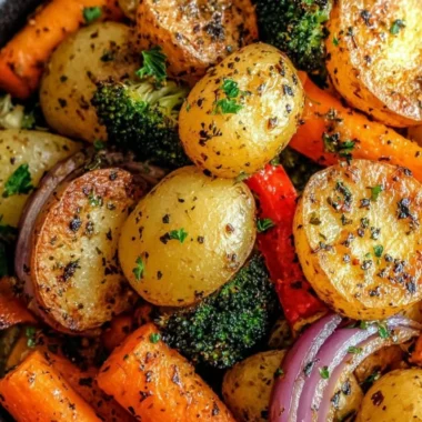 Garlic herb roasted potatoes and mixed veggies on a serving platter.