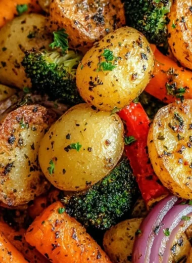 Garlic herb roasted potatoes and mixed veggies on a serving platter.