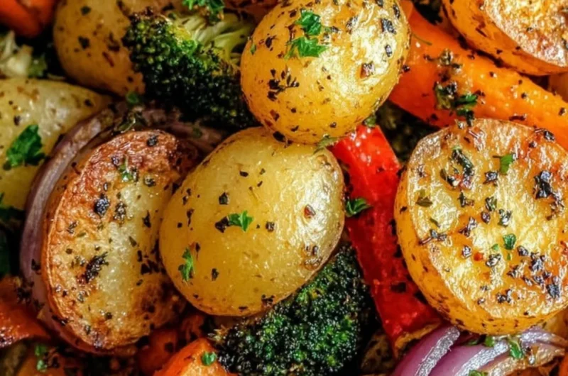 Garlic herb roasted potatoes and mixed veggies on a serving platter.