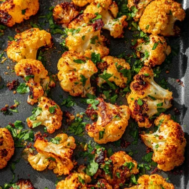 Garlic-Parmesan roasted cauliflower arranged on a plate with parsley garnish