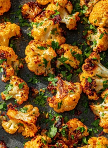 Garlic-Parmesan roasted cauliflower arranged on a plate with parsley garnish
