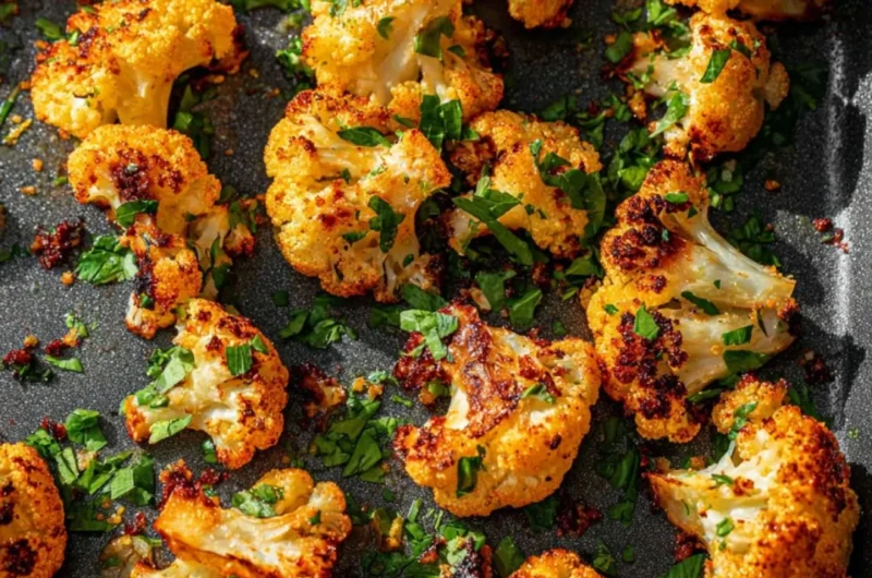 Garlic-Parmesan roasted cauliflower arranged on a plate with parsley garnish