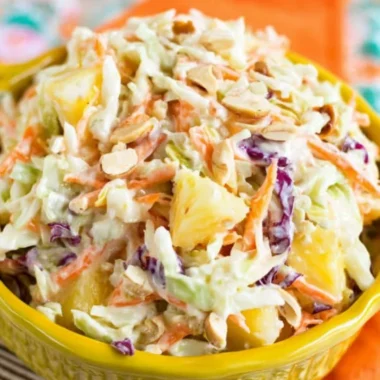 Delicious Hawaiian coleslaw with pineapple served in a bowl