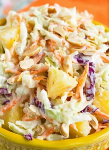 Delicious Hawaiian coleslaw with pineapple served in a bowl