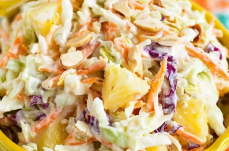 Delicious Hawaiian coleslaw with pineapple served in a bowl