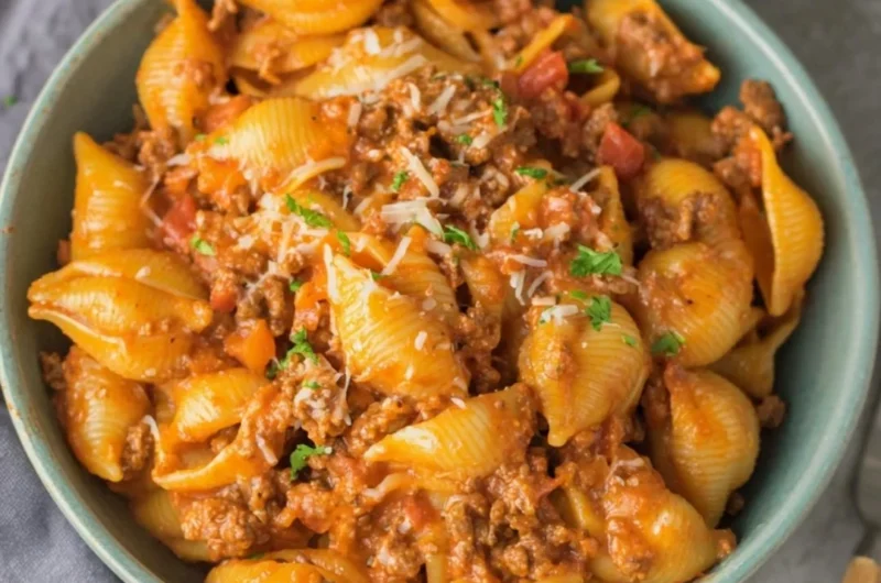 High protein taco pasta dish served in a bowl with toppings