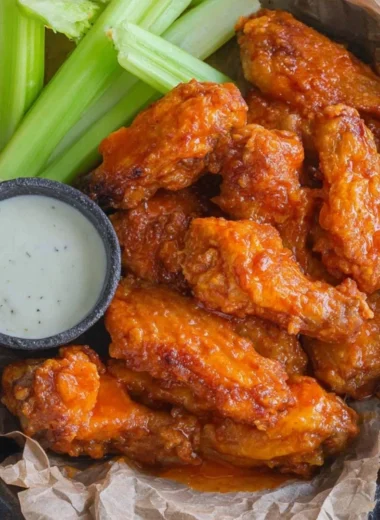 Plate of homemade buffalo wings with a spicy sauce and celery sticks