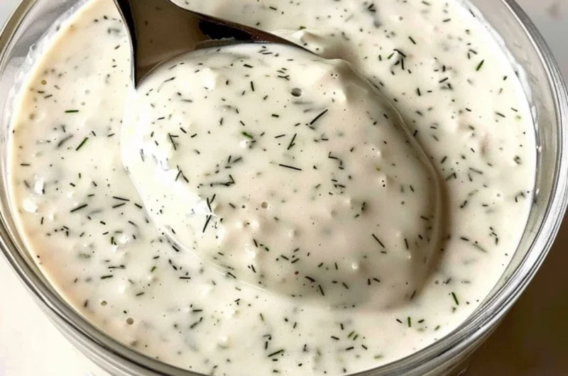 Bowl of homemade ranch dressing with fresh herbs and garlic