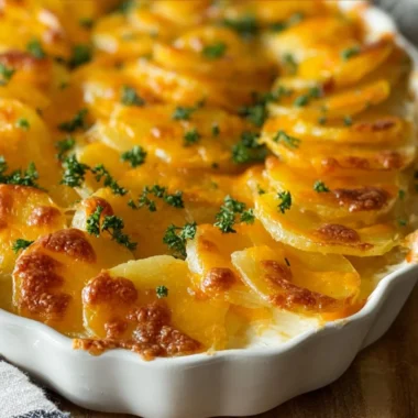 Delicious homemade scalloped potatoes baked until golden and creamy