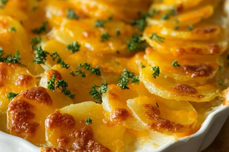 Delicious homemade scalloped potatoes baked until golden and creamy