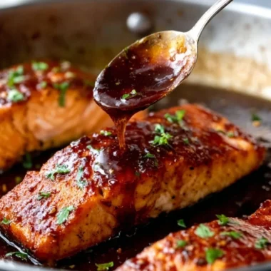 Honey Garlic Salmon dish garnished with herbs on a plate.
