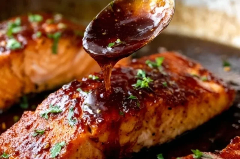 Honey Garlic Salmon dish garnished with herbs on a plate.