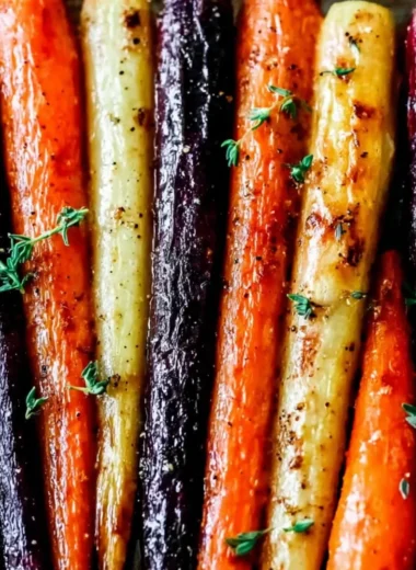 Delicious honey roasted colorful carrots served as a side dish.
