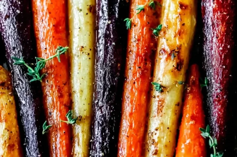 Delicious honey roasted colorful carrots served as a side dish.