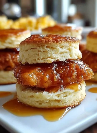 Hot Honey Chicken Biscuits served with honey drizzle and biscuits