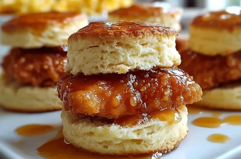 Hot Honey Chicken Biscuits served with honey drizzle and biscuits