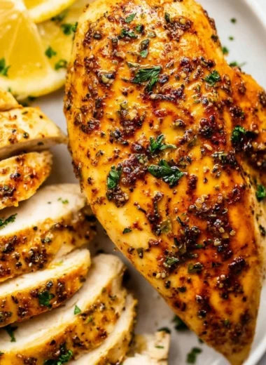 Juicy air fryer chicken breast plated with herbs and spices, ready to enjoy.