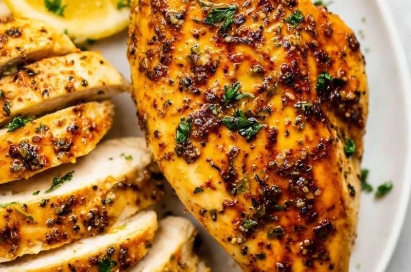 Juicy air fryer chicken breast plated with herbs and spices, ready to enjoy.
