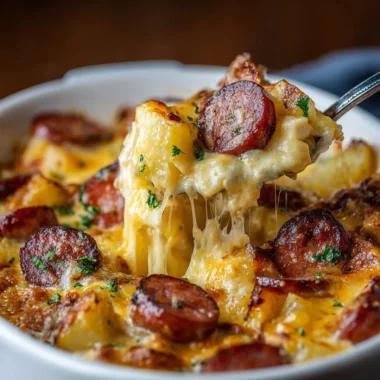 Kielbasa sausage cheesy potato casserole topped with melted cheese