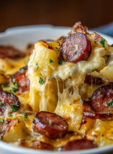 Kielbasa sausage cheesy potato casserole topped with melted cheese