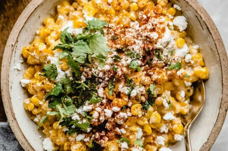 Delicious Mexican street corn casserole topped with cheese and spices