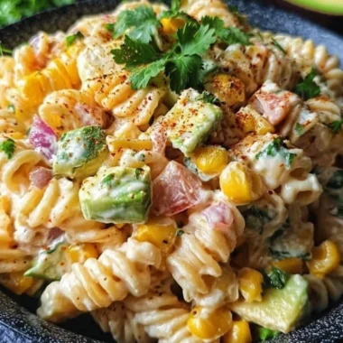 A colorful bowl of Mexican Street Corn Pasta Salad garnished with cilantro and lime.